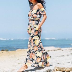 Ava Sky Hibiscus Print Maxi Dress